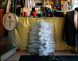 Stacked wire hangars, tailor shop, New York City, 2014